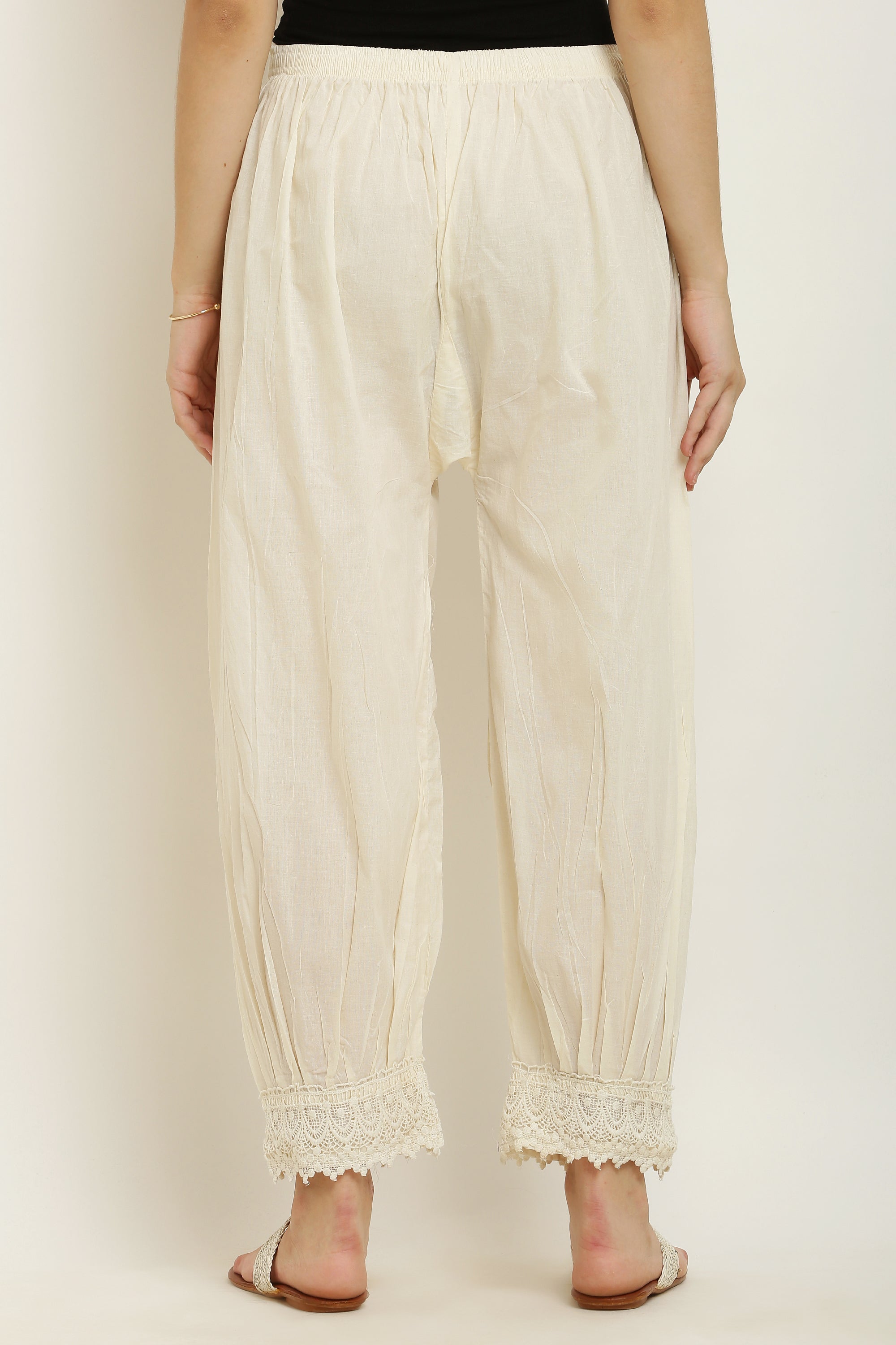 PAVONINE Off-White Color Afghani Style Lace Hem Cotton Fabric Palazzo For Women - Distacart