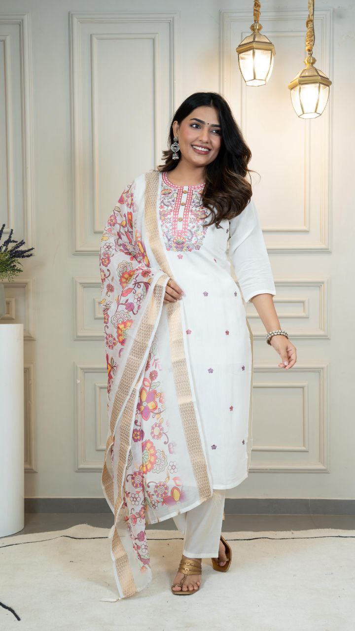 Lorenvalley Fashion Offwhite Roman Silk Embroidery Multi with Sequence Work Kurta Pant with Dupatta