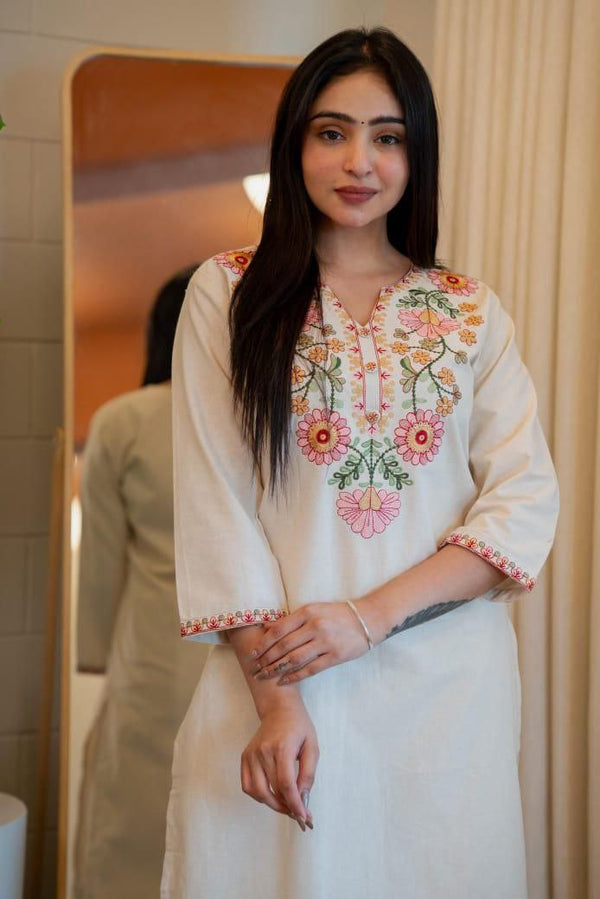 Lorenvalley Fashion Offwhite Pure Khadi Cotton Embroidery with Sequence Work Kurta Pant