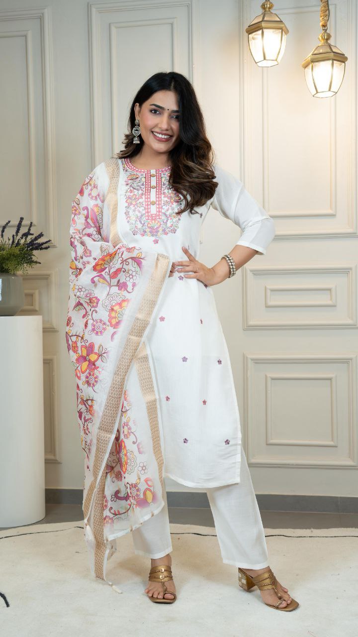 Lorenvalley Fashion Offwhite Roman Silk Embroidery Multi with Sequence Work Kurta Pant with Dupatta
