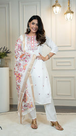Thumbnail for Lorenvalley Fashion Offwhite Roman Silk Embroidery Multi with Sequence Work Kurta Pant with Dupatta
