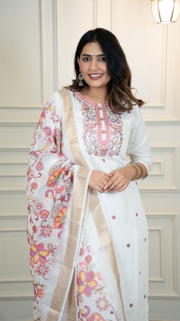 Lorenvalley Fashion Offwhite Roman Silk Embroidery Multi with Sequence Work Kurta Pant with Dupatta