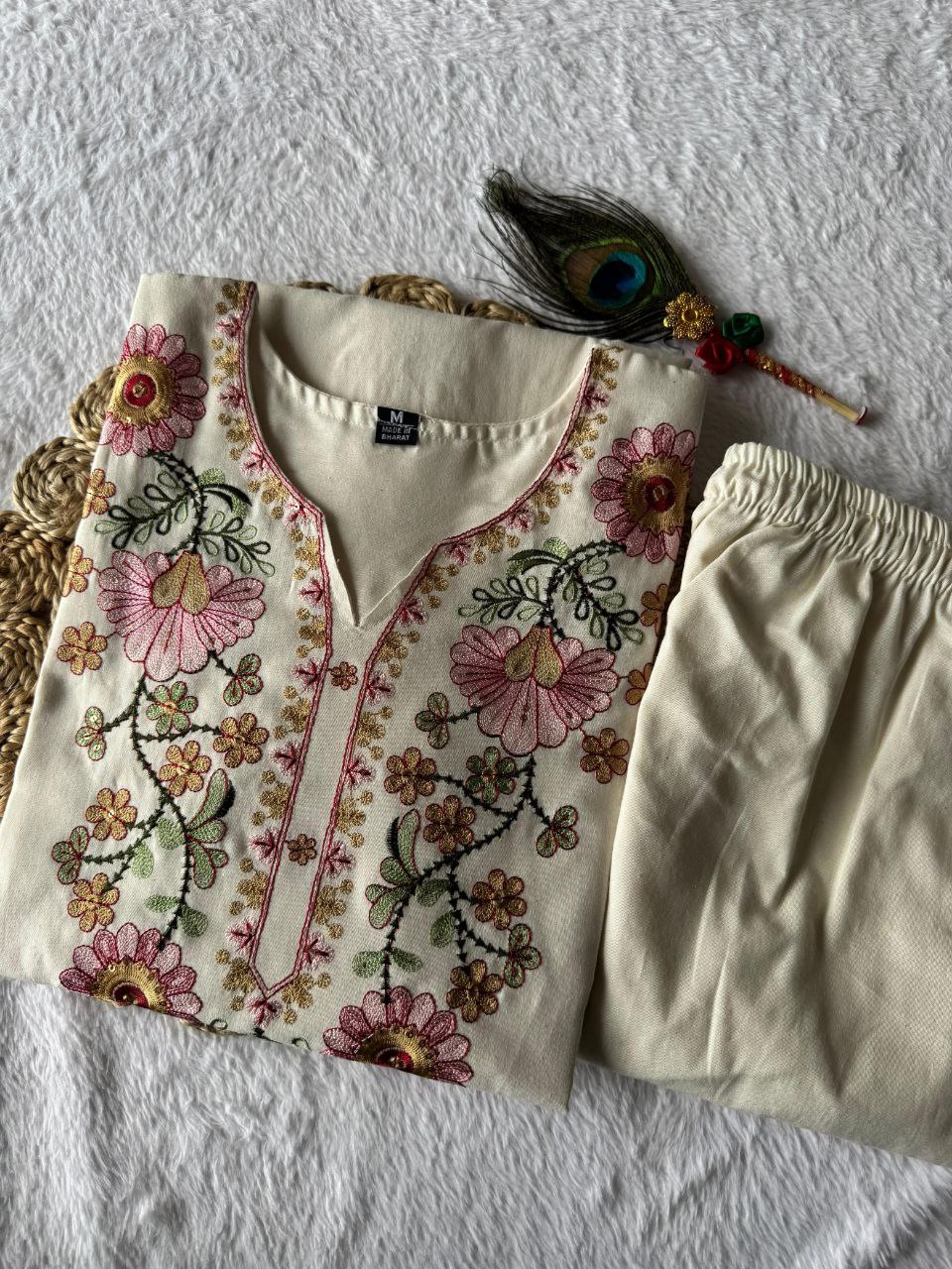 Lorenvalley Fashion Offwhite Pure Khadi Cotton Embroidery with Sequence Work Kurta Pant