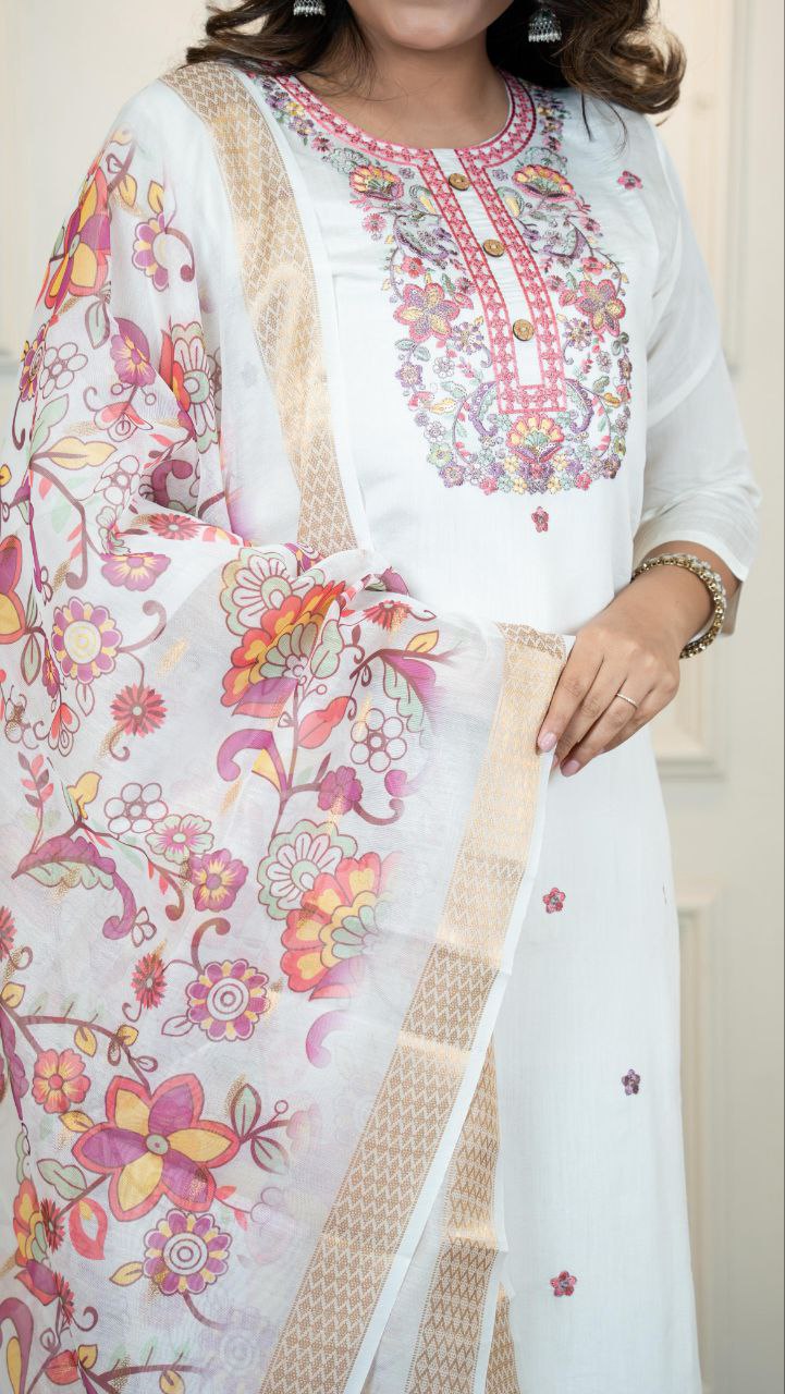 Lorenvalley Fashion Offwhite Roman Silk Embroidery Multi with Sequence Work Kurta Pant with Dupatta