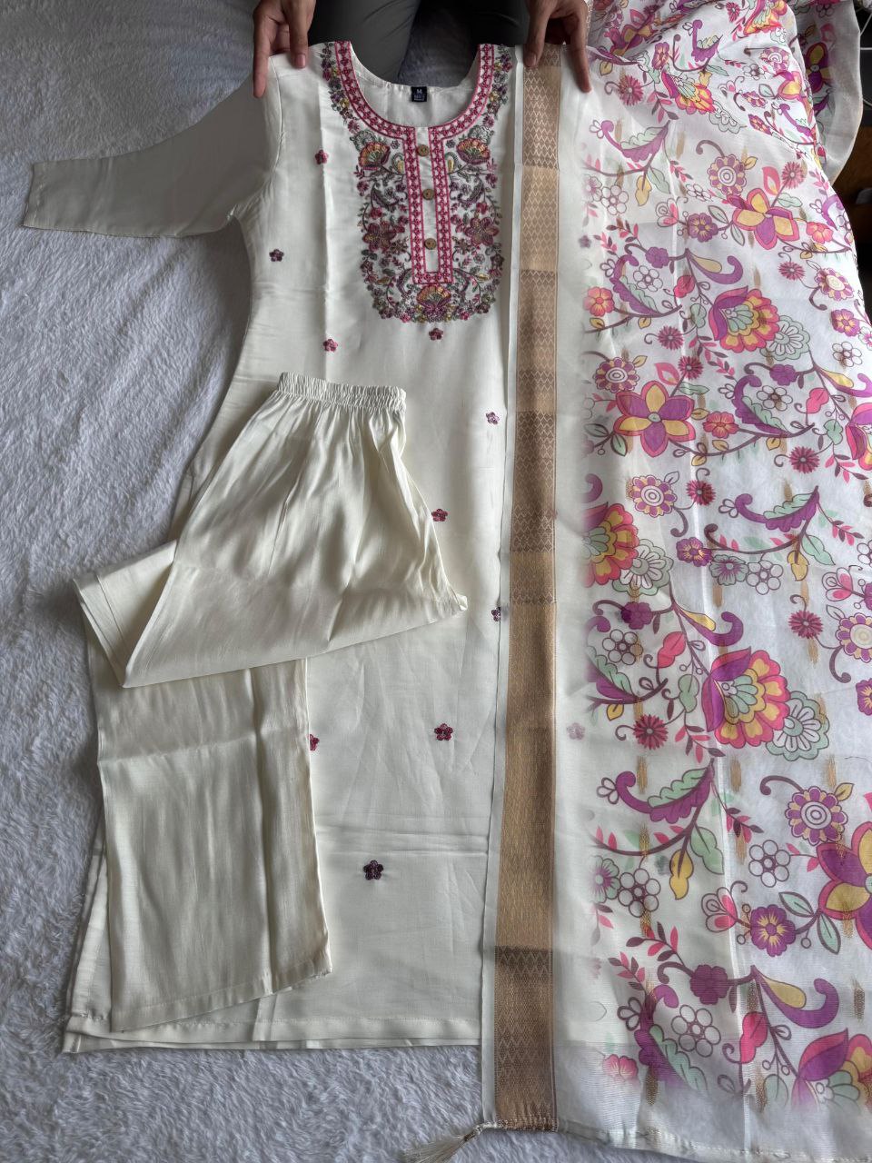 Lorenvalley Fashion Offwhite Roman Silk Embroidery Multi with Sequence Work Kurta Pant with Dupatta