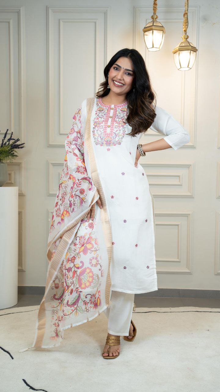 Lorenvalley Fashion Offwhite Roman Silk Embroidery Multi with Sequence Work Kurta Pant with Dupatta