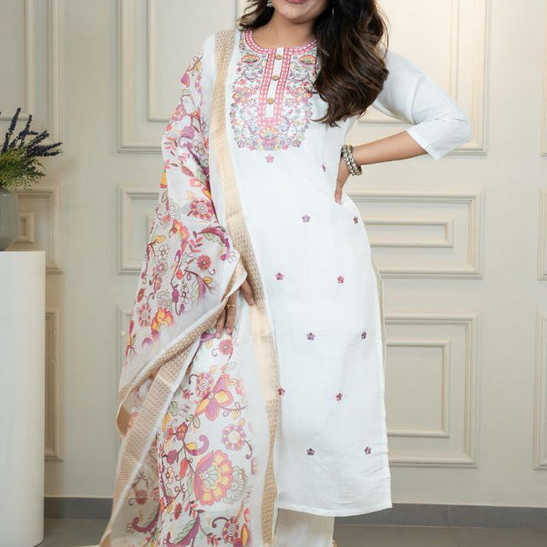 Lorenvalley Fashion Offwhite Roman Silk Embroidery Multi with Sequence Work Kurta Pant with Dupatta - Distacart