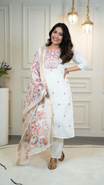 Thumbnail for Lorenvalley Fashion Offwhite Roman Silk Embroidery Multi with Sequence Work Kurta Pant with Dupatta