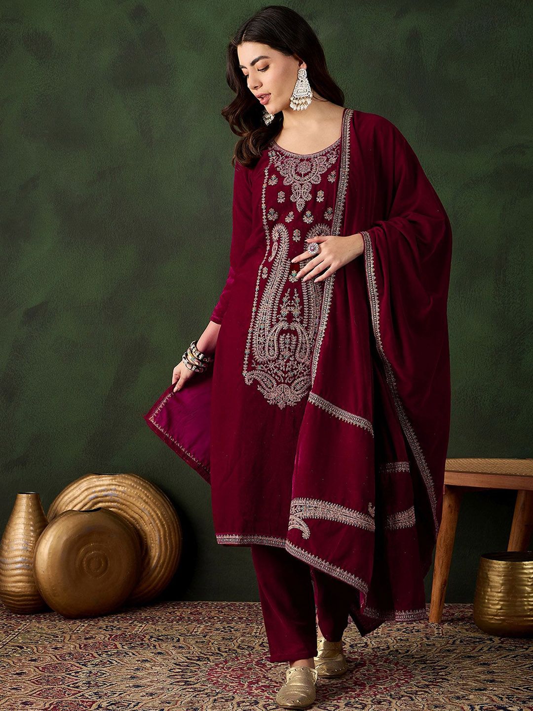 Sangria Floral Embroidered Straight Kurta & Trousers With Dupatta - Distacart
