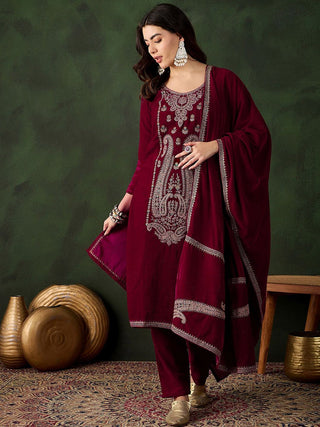 Sangria Floral Embroidered Straight Kurta & Trousers With Dupatta - Distacart