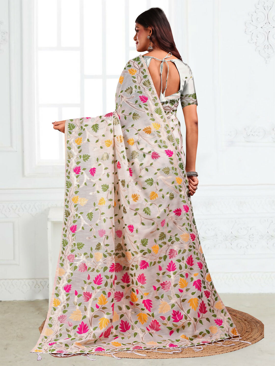 Astita Linen Cotton White Saree