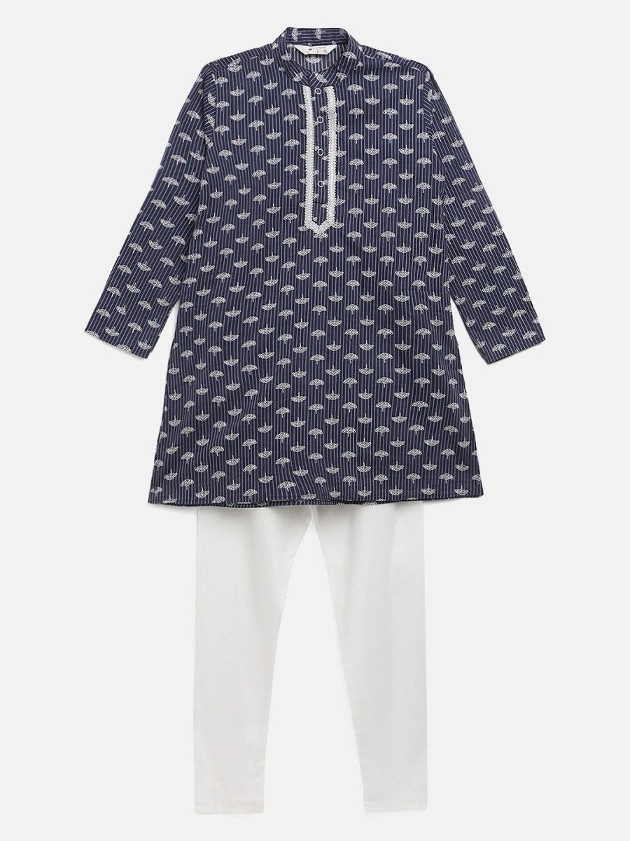 Ahalyaa Boys Navy Blue Pure Cotton Digital Print Kids Kurta Churidar Set - Distacart
