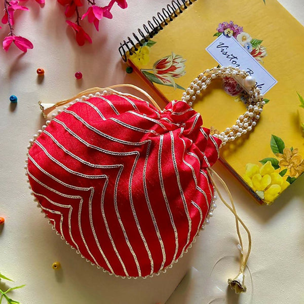Joban Fashion Pearl Hand Work Potli Bag - Red