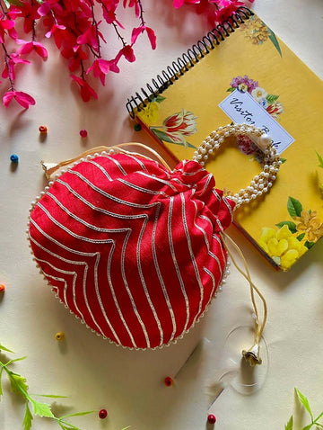 Joban Fashion Pearl Hand Work Potli Bag - Red - Dista