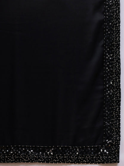 Black Satin Solid Sequence Work Saree with Stitched Blouse - Dharavi - Distacart