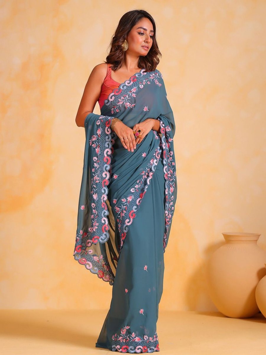 Anouk Floral Embroidered Pure Georgette Saree - Distacart
