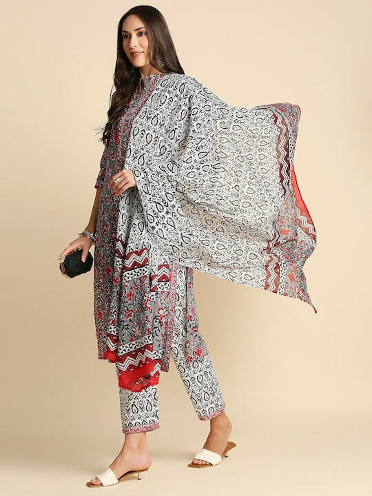 Anubhutee Women Grey & Pink Cotton Floral Kurta With Trousers & Dupatta - Distacart