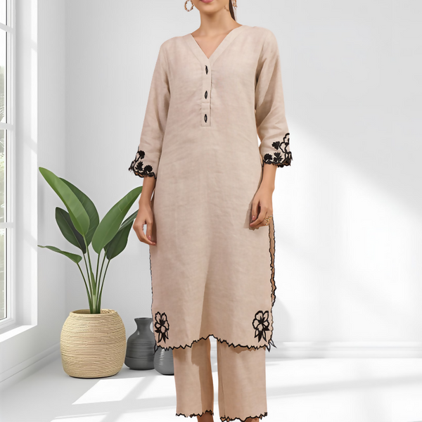 Joban Fashion Beige Linen Embroidered Readymade Long Kurta With Pant - Distacart