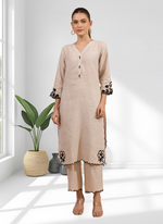 Thumbnail for Joban Fashion Beige Linen Embroidered Readymade Long Kurta With Pant - Distacart
