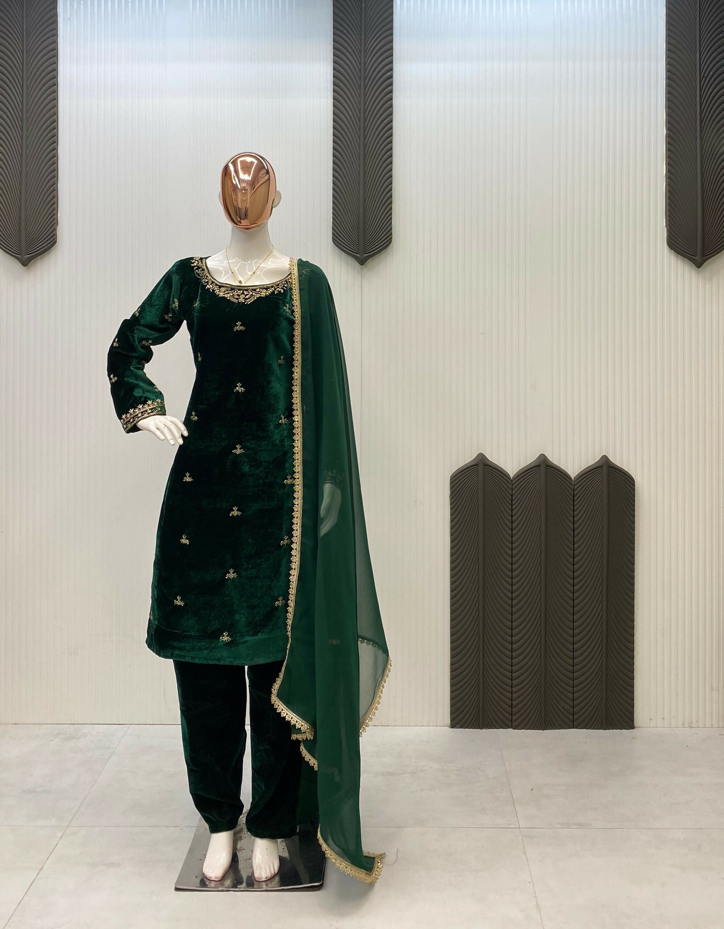 Vastranavya Green Velvet Sequence Embroidery Work Kurta & Bottom With Dupatta - Distacart