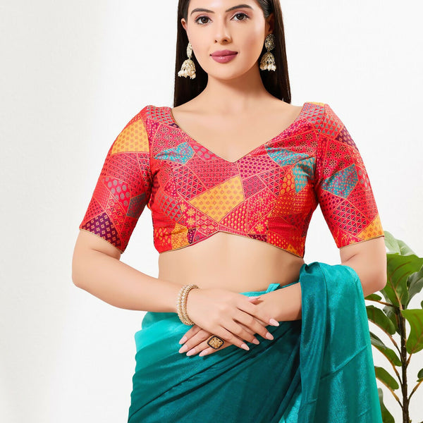 Joban Fashion Red Brocade Padded Blouse With V Neck Elbow Sleeves - Distacart