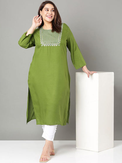 Sztori Plus Size Floral Yoke Design Mirror Work Straight Kurta - Distacart