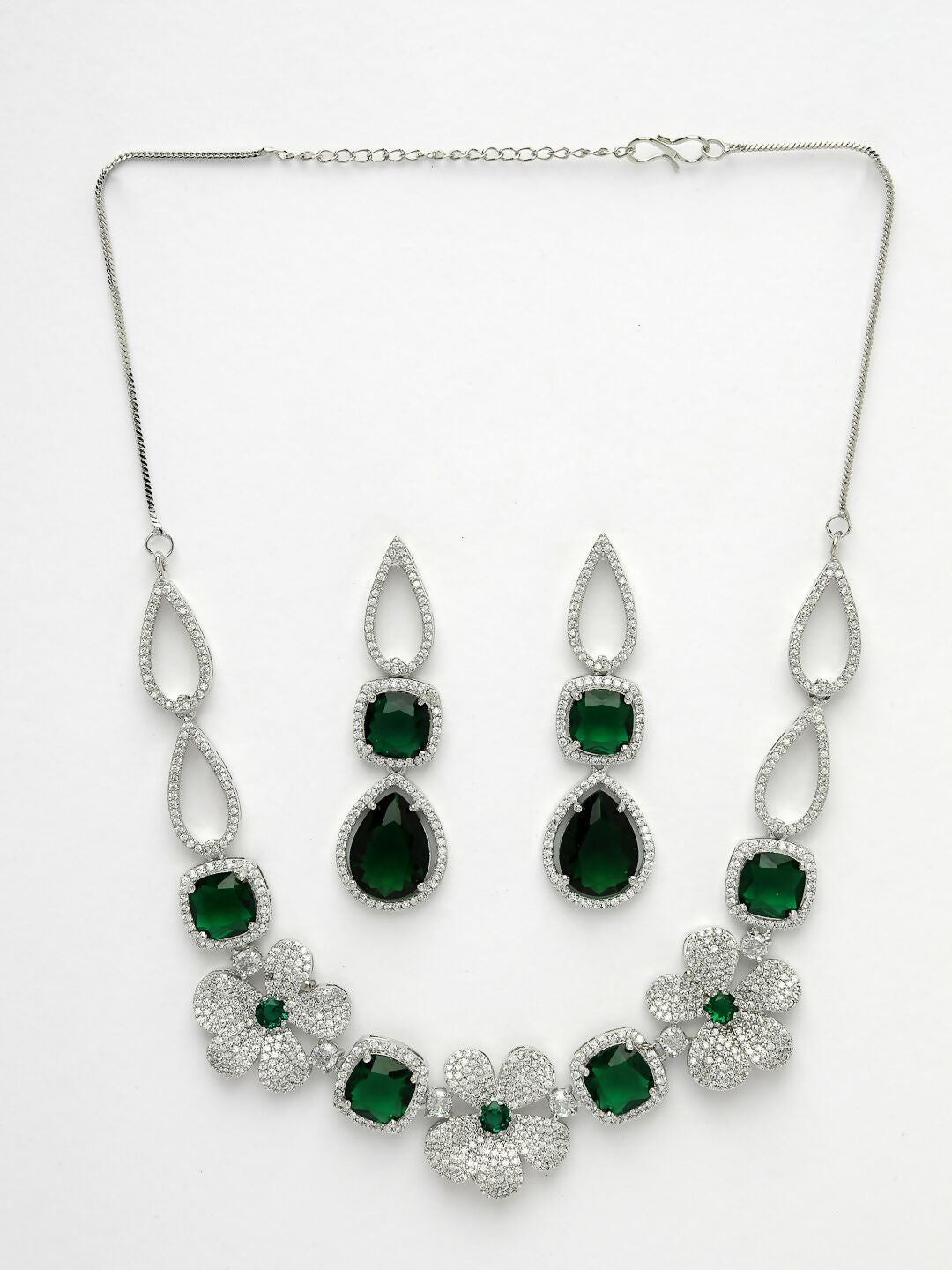 NVR Women's Green & Silver-Plated American Diamond Handcrafted Jewellery Set - Distacart