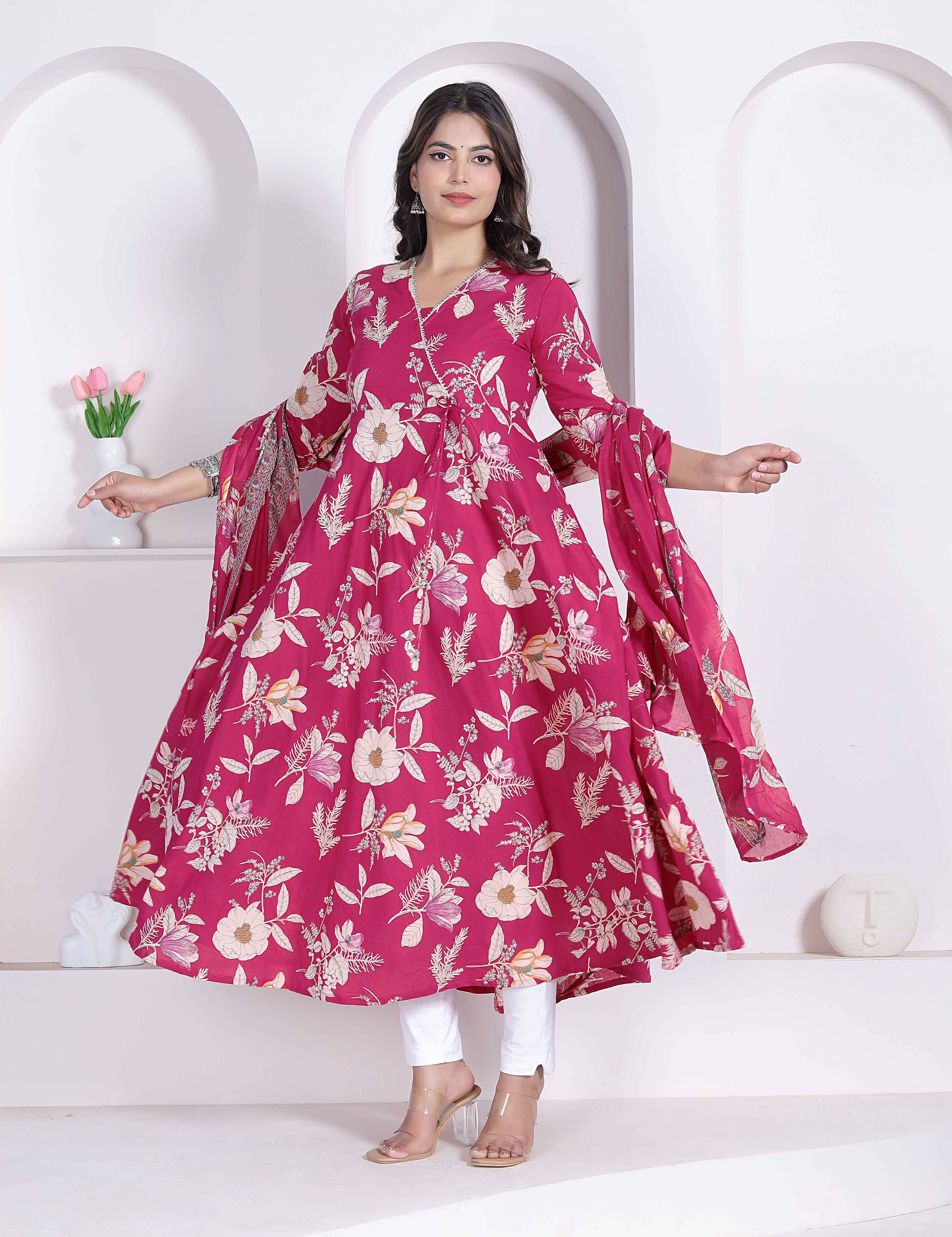 Miravan Womens Pink Floral Printed Angrakha Kurta With Dupatta - Dista