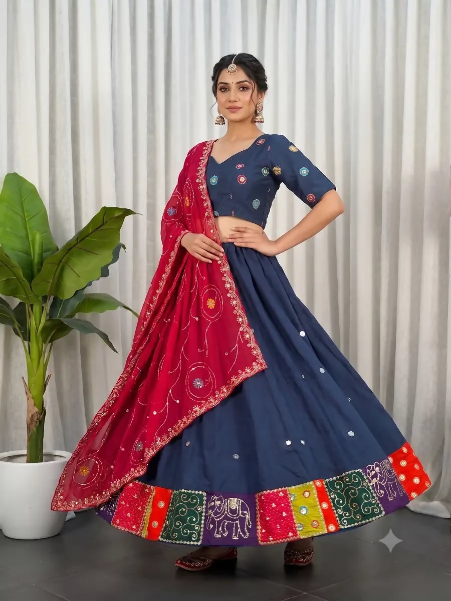 Teeya Creation Women's Traditional Navratri Special Blue Lehenga Choli Set with Patchwork Border