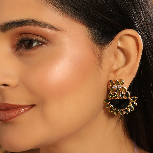 Nuyug 22K Gold Plated Dark Crystal Studded Contemporary Floral Shaped Stud Earrings