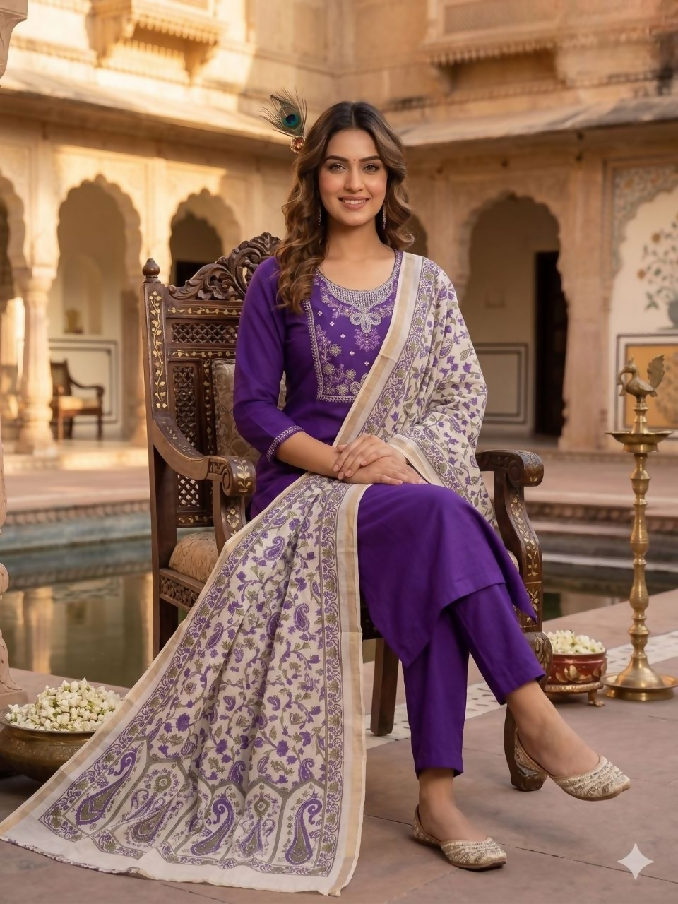 Teeya Creation Womens New Fancy Premium Silk Fabric Kurta Set - Purple - Dista