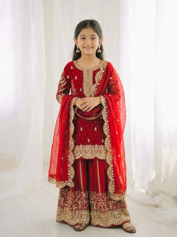 Teeya Creation New Trendy Fully Stitched Ready to Wear Kids Kurta Palazzo Set-Red - Dista