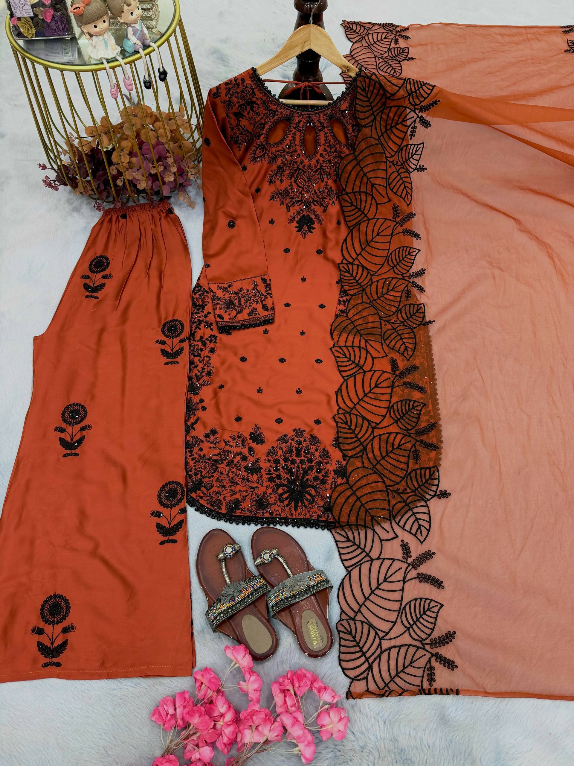Teeya Creation Womens Trending Stylish Kurta Palazzo Set - Orange - Dista