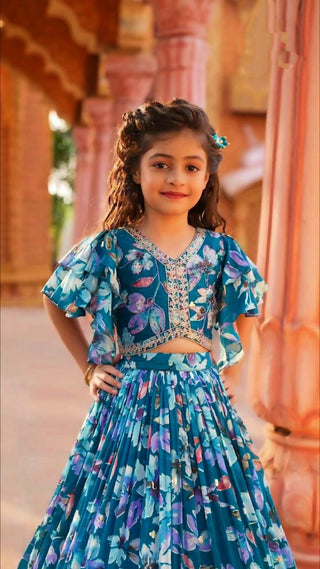 Jyoti Fashion Beautiful Blue Faux Georgette Digital Printed with Sequins Embroidered Kids Lehenga Choli Set - Distacart