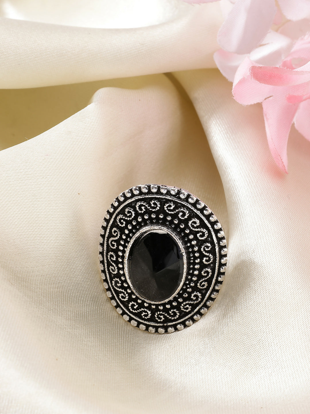 NVR Women's Black Silver-Toned German Silver Adjustable Finger Ring - Distacart