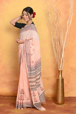 Thumbnail for Very Much Indian Handblock Printed Cotton Saree With Natural Dyes - Peach - Distacart