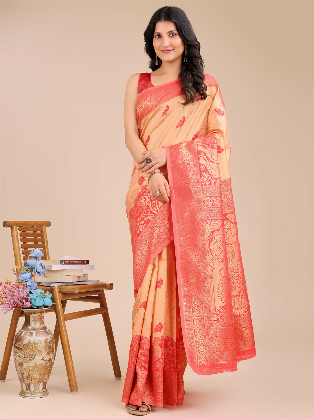 Astita Banarasi Silk Cream & Red Saree