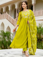 Thumbnail for The52 Liril Women's Beautiful Embroidered work Chinon Fabric with Flared Kurta, Pant and Dupatta Set - Distacart
