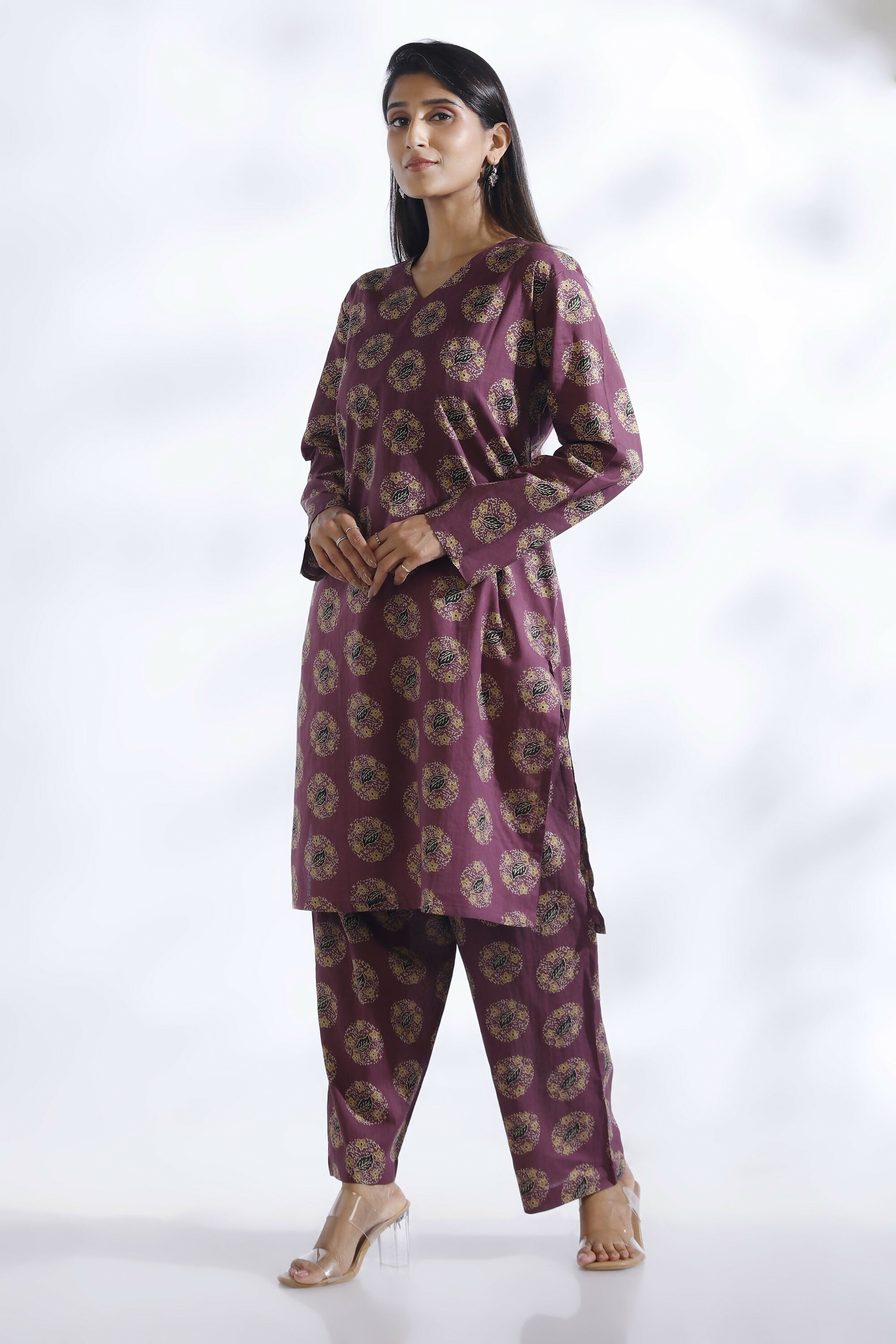 Breathables Wine Butta Print Cotton Kurta & Pants Set - Dista