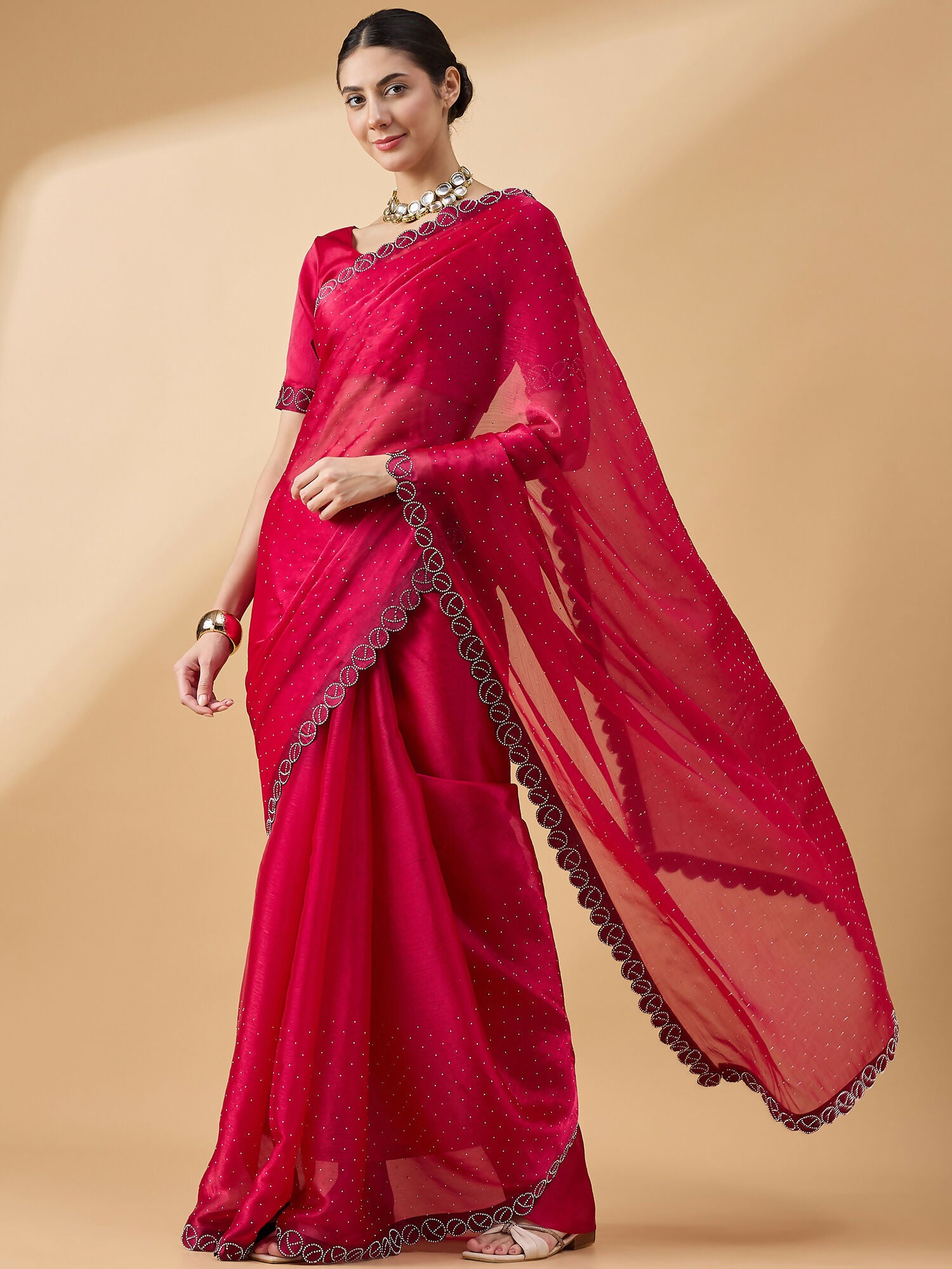 Pink Organza Swaroski Diamond Work Saree with Unstitched Blouse - Radha - Distacart