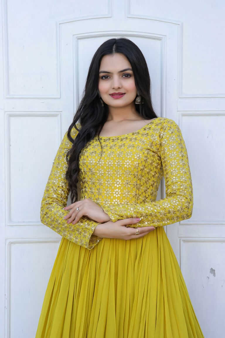 Jyoti Fashion Women's Yellow Sequence Zari Embroidered Faux Blooming Anarkali Dress - Distacart