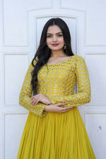 Thumbnail for Jyoti Fashion Women's Yellow Sequence Zari Embroidered Faux Blooming Anarkali Dress - Distacart