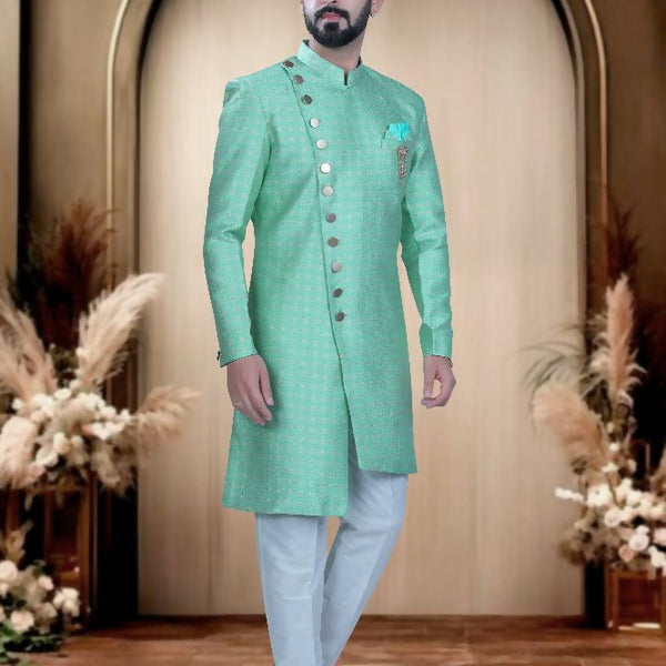 Joban Fashion Men's Bluish-Green Brocade Kurta with Pyjama - Distacart