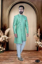 Thumbnail for Joban Fashion Men's Bluish-Green Brocade Kurta with Pyjama - Distacart