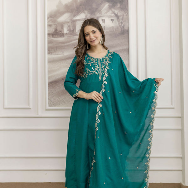The52 Rama Women's Beautiful Vichitra Silk Fabric Embroidered Work Flared Anarkali Pant and Dupatta Set - Distacart