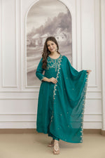 Thumbnail for The52 Rama Women's Beautiful Vichitra Silk Fabric Embroidered Work Flared Anarkali Pant and Dupatta Set - Distacart