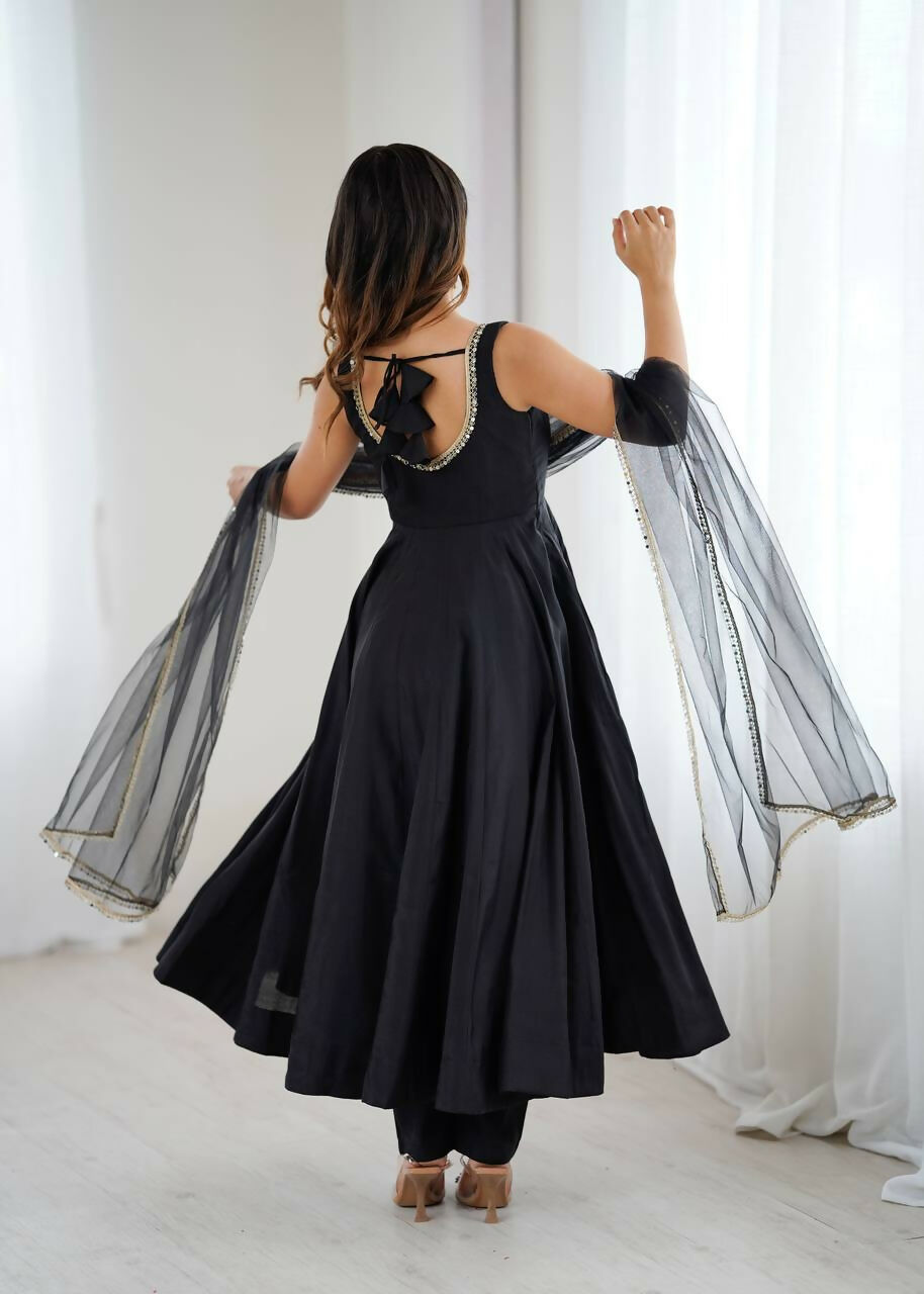 Preksha Creation Black Wedding Special Women Pure Roman Silk Chanderi Fabric Anarkali Gown With Dupatta And Pant