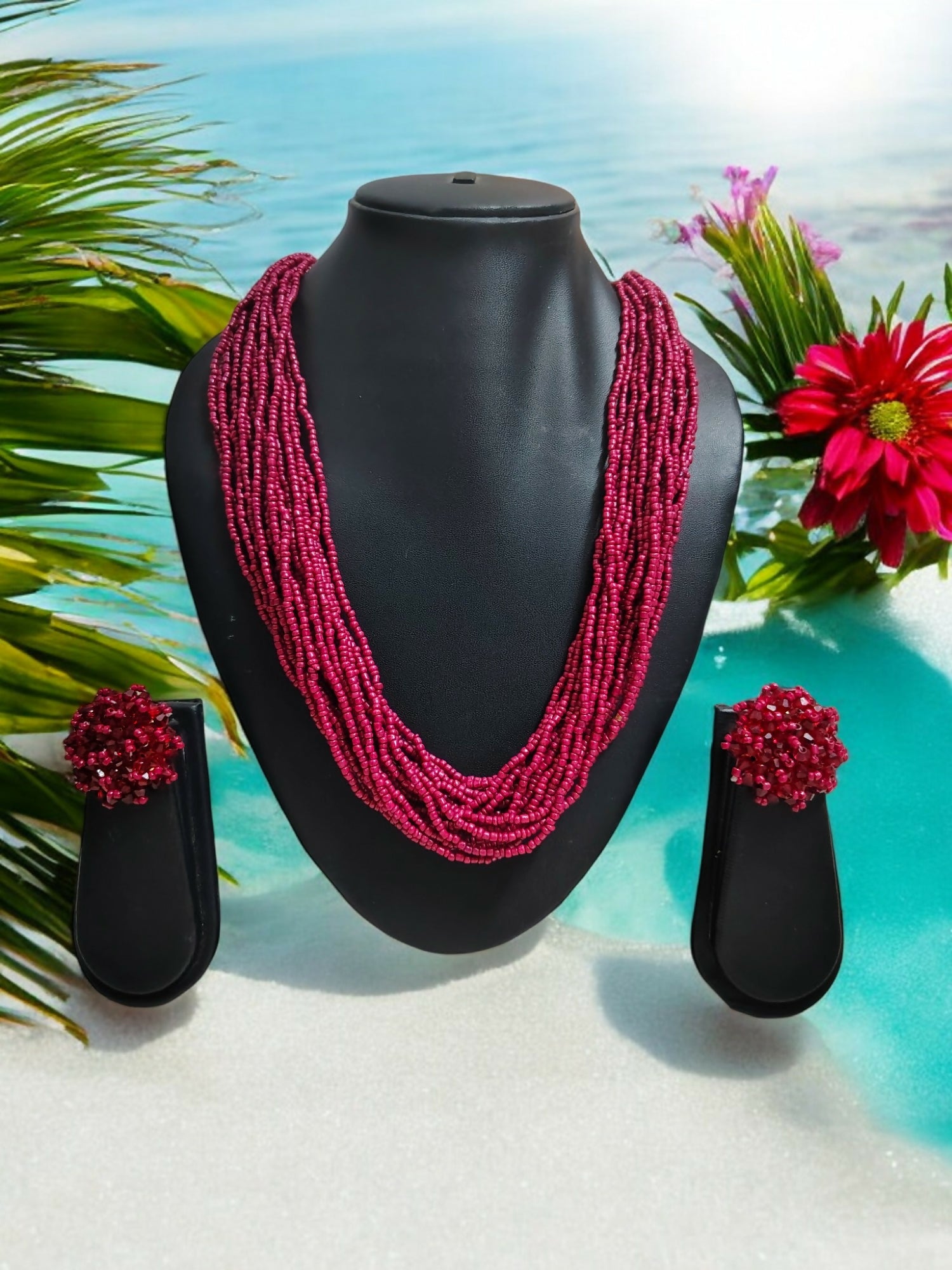 Inhanns Vibrant Handmade 20 Layers Beaded Necklace With Matching Earrings - Wine - Distacart