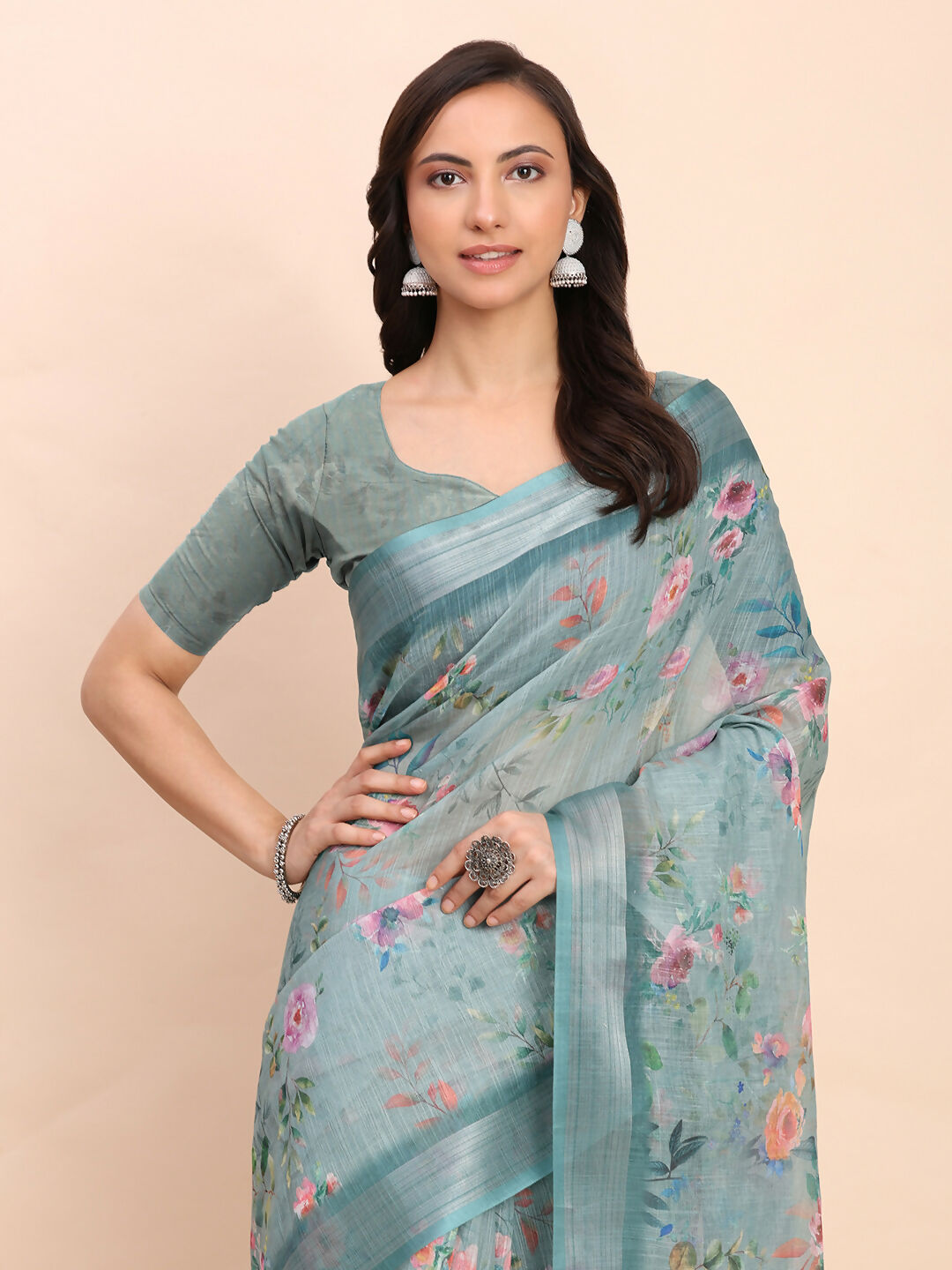 Astita Linen Cotton Sea Green Saree