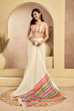 Thumbnail for Vastranavya Off White Digital Printed Linen Ready To Wear Pocket Saree with Unstitched Blouse - Distacart